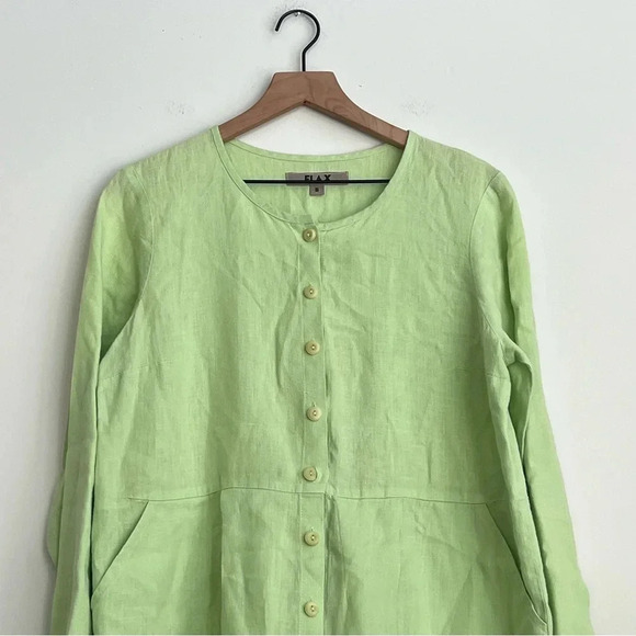 Flax 100% Linen Dress Small Green Button Down Pockets Long Sleeve Tunic Pleated - Picture 6 of 13